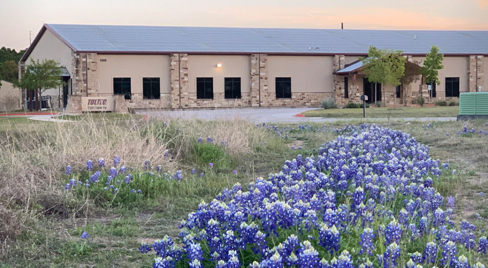 Blue Bonnets surrounding Innovation Workspaces Building